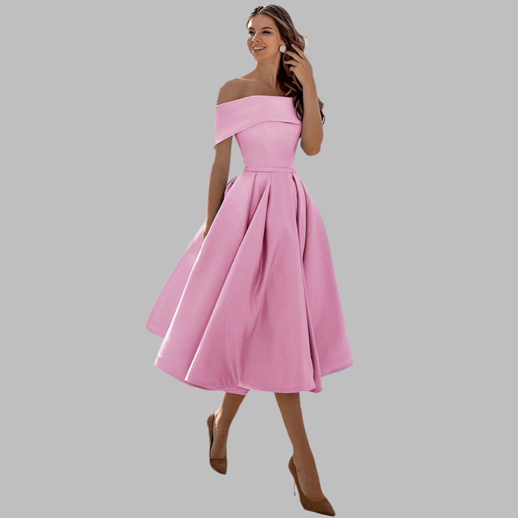 Off-shoulder satijnen vintage galajurk