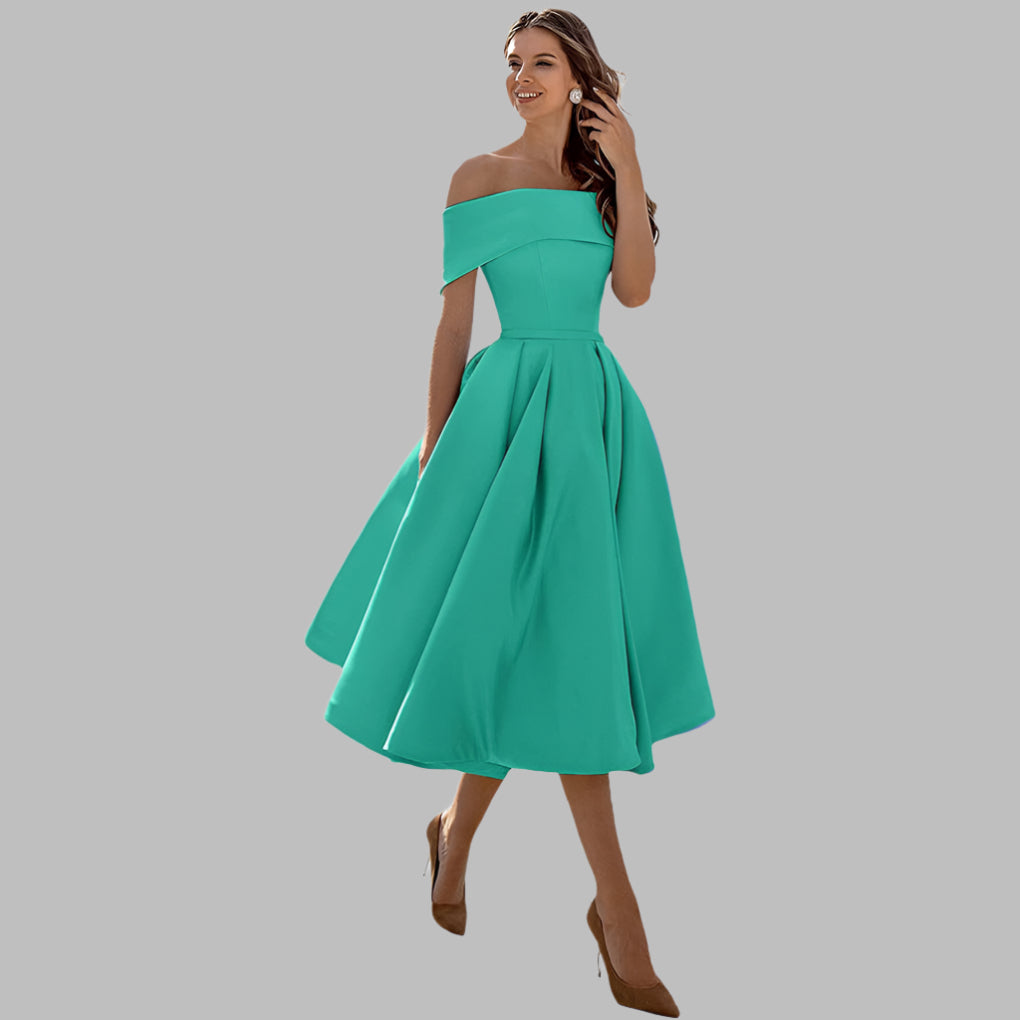Off-shoulder satijnen vintage galajurk