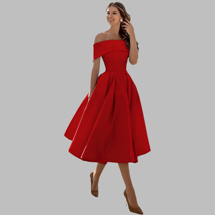 Off-shoulder satijnen vintage galajurk