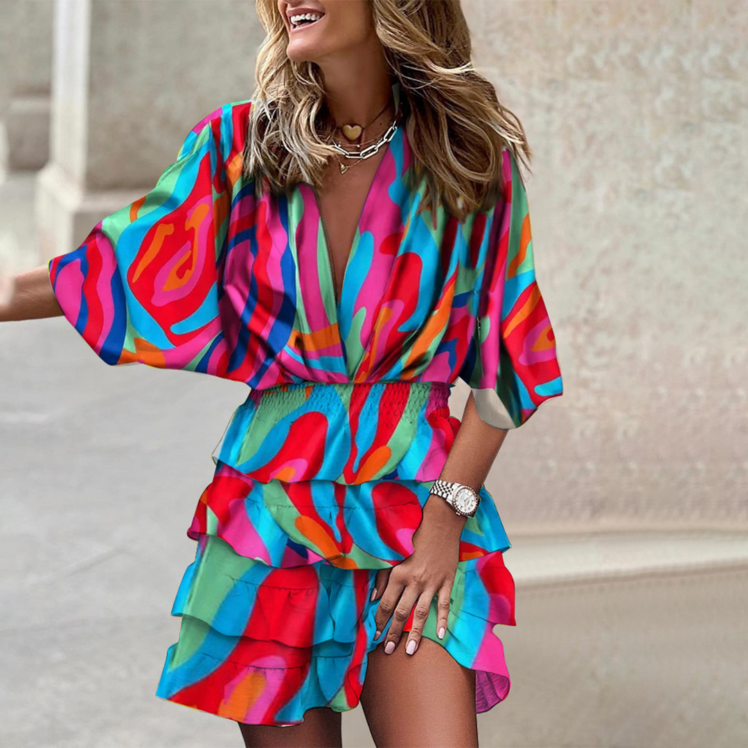 V-Hals Mini Jurk met Geometrische Print