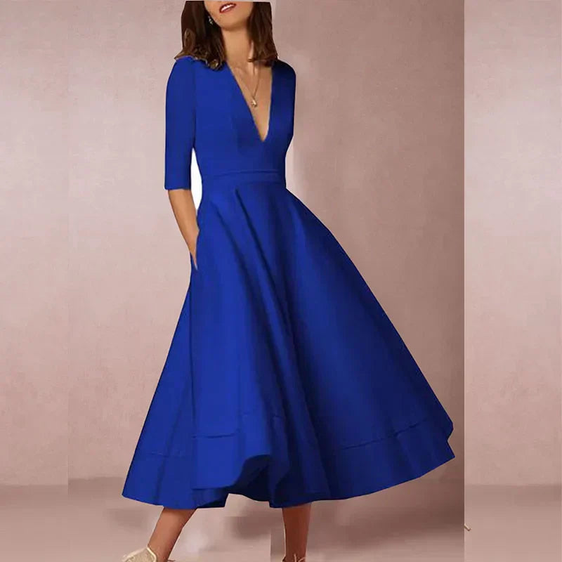 Elegante A-lijn Midi Jurk met V-hals en Volumineuze Rok