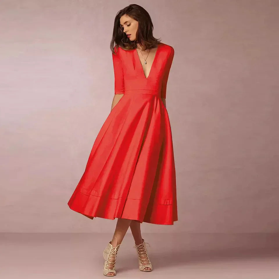 Elegante A-lijn Midi Jurk met V-hals en Volumineuze Rok