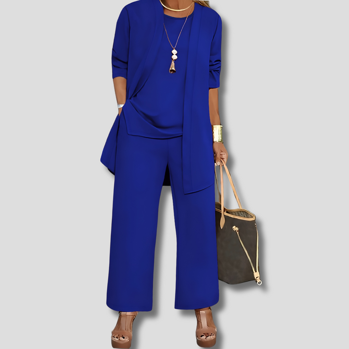 Stijlvol Verfijnd Driedelig Damespak met Blazer, Top en Pantalon