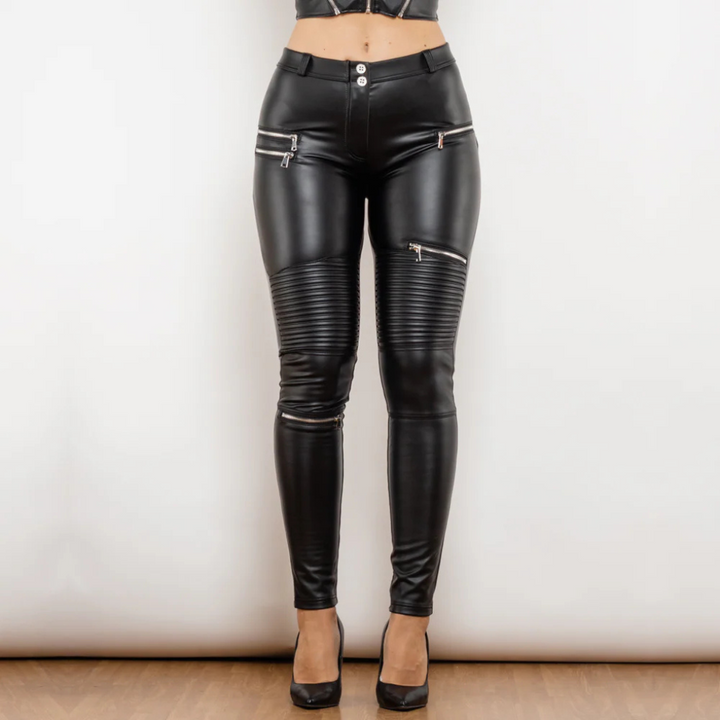 Dames imitatieleren slim-fit broek