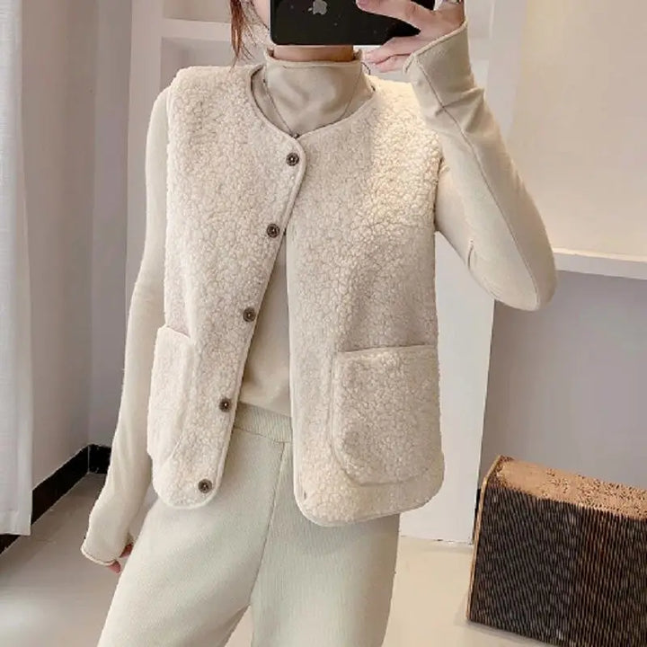 Vrouw draagt beige wintervest met knopen en zakken, ideaal voor koude seizoenen. Modieuze dameskleding, warme en stijlvolle outfit.