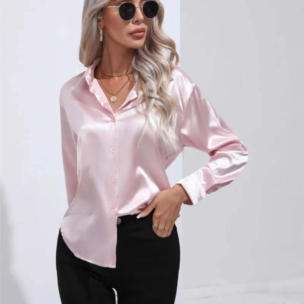 Dames satijnen blouse met lange mouwen en losse pasvorm