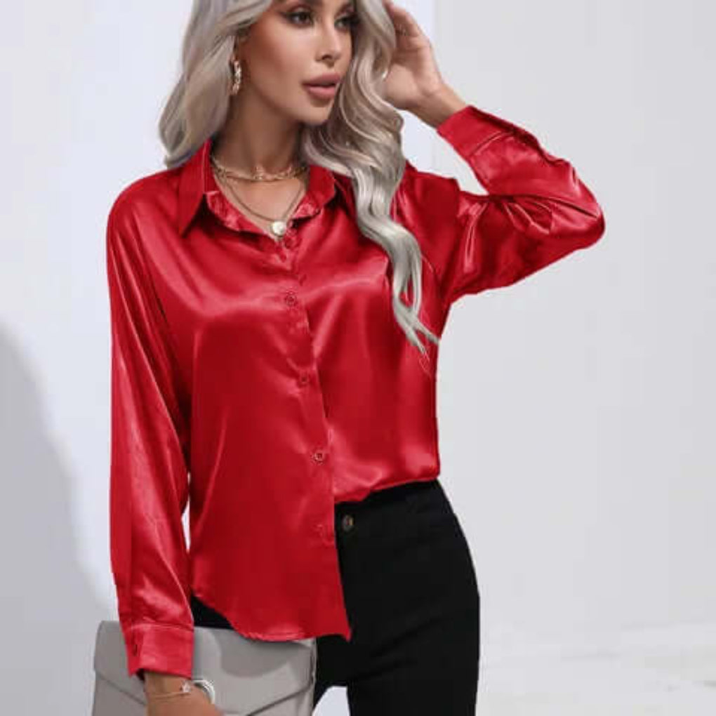 Dames satijnen blouse met lange mouwen en losse pasvorm