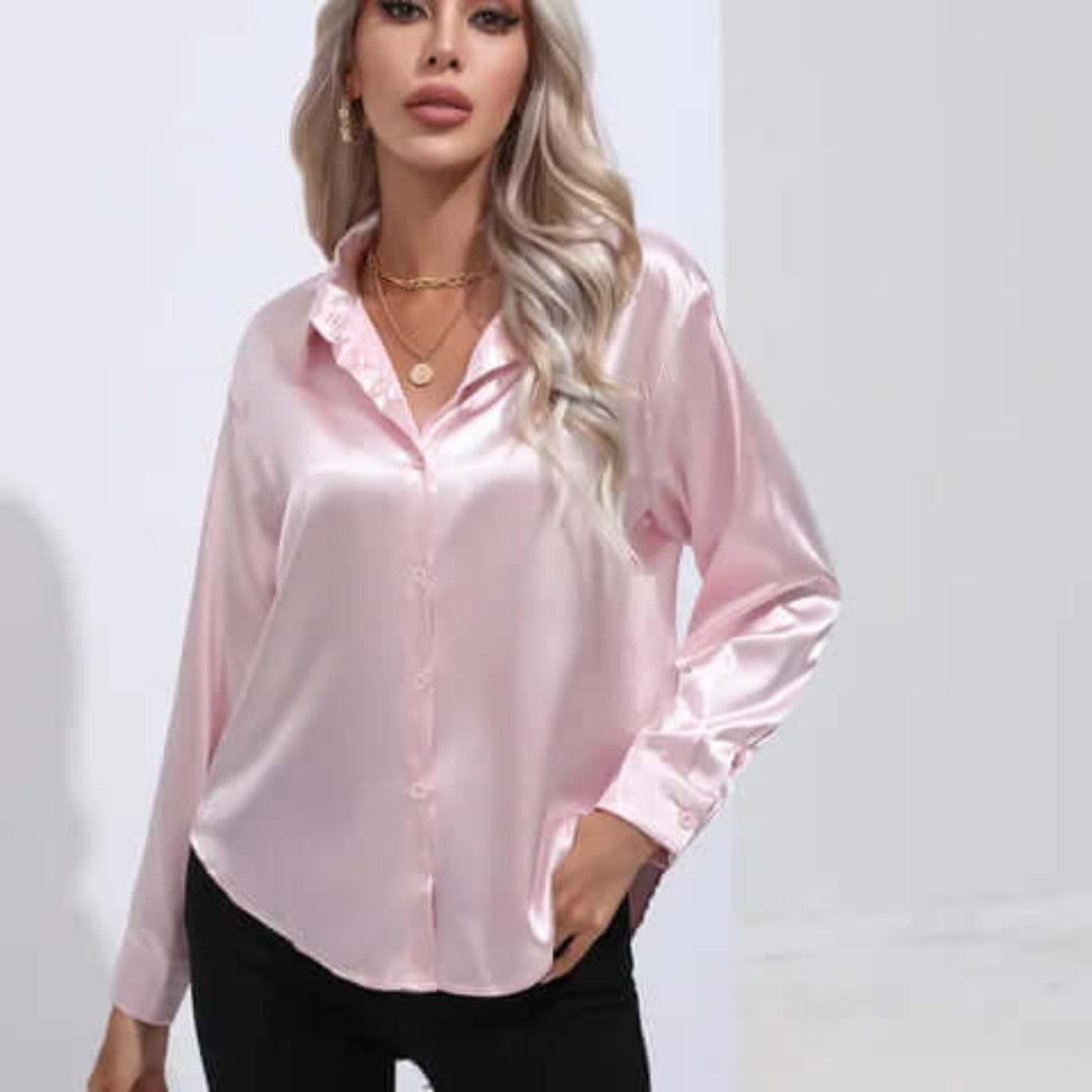 Dames satijnen blouse met lange mouwen en losse pasvorm
