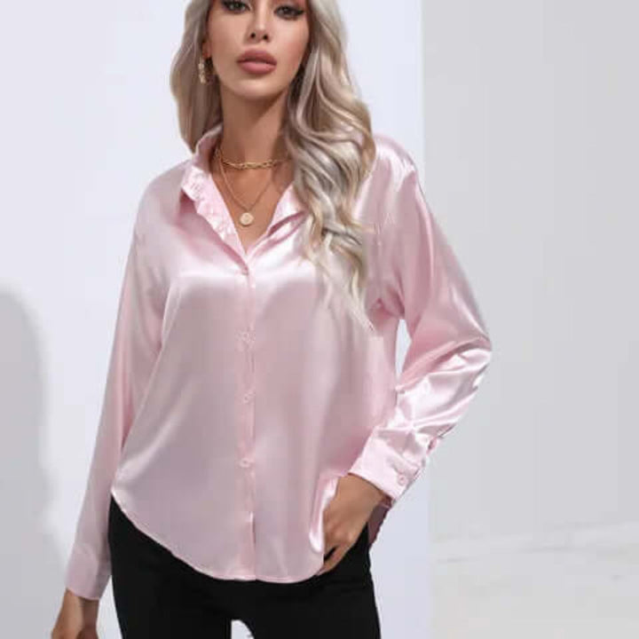 Dames satijnen blouse met lange mouwen en losse pasvorm