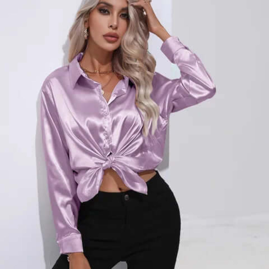Dames satijnen blouse met lange mouwen en losse pasvorm