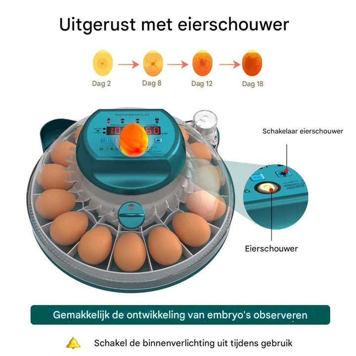 Broedmachine voor 15 eieren met automatische vochtigheidsregeling