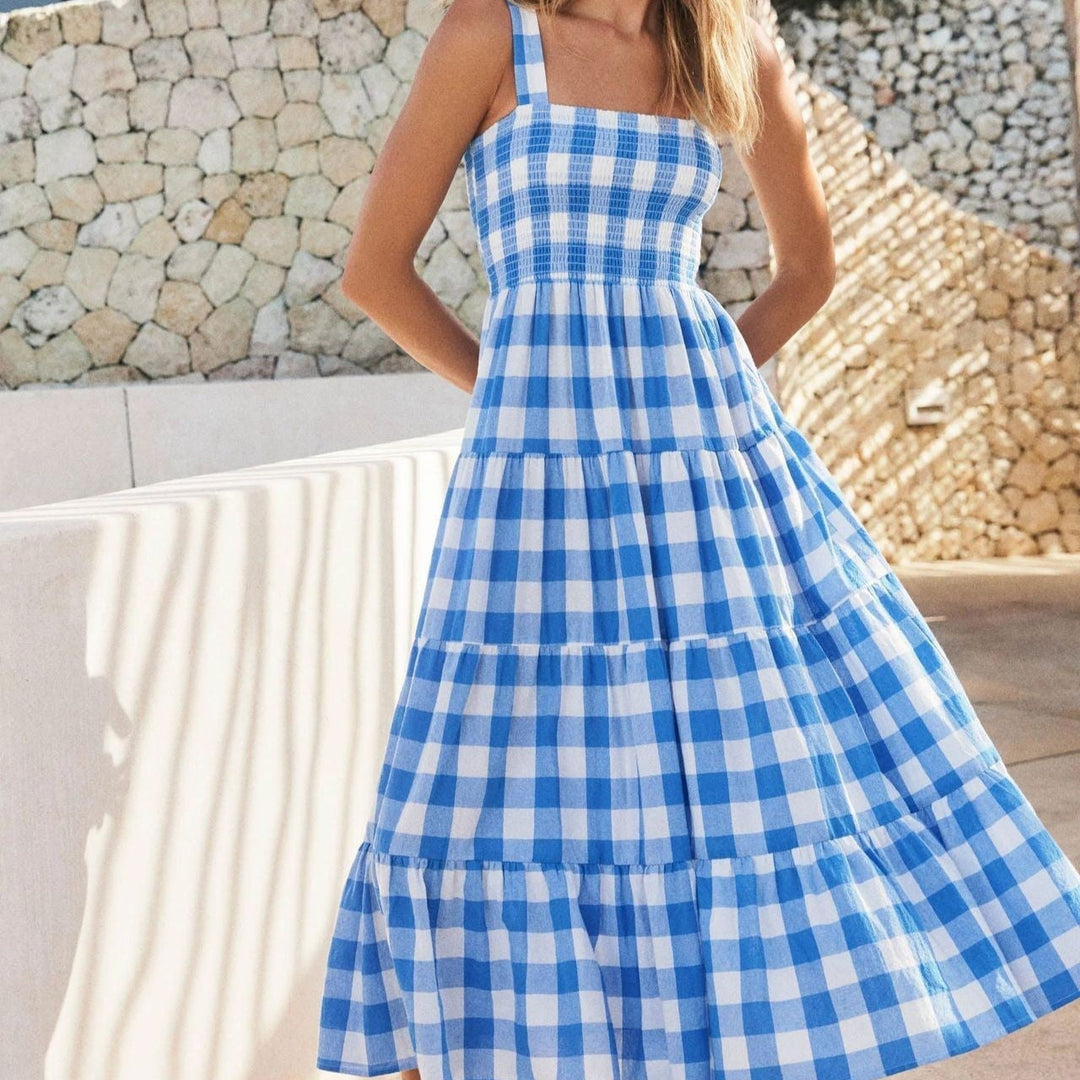 Soepelvallende vintage jurk met spaghettibandjes en print