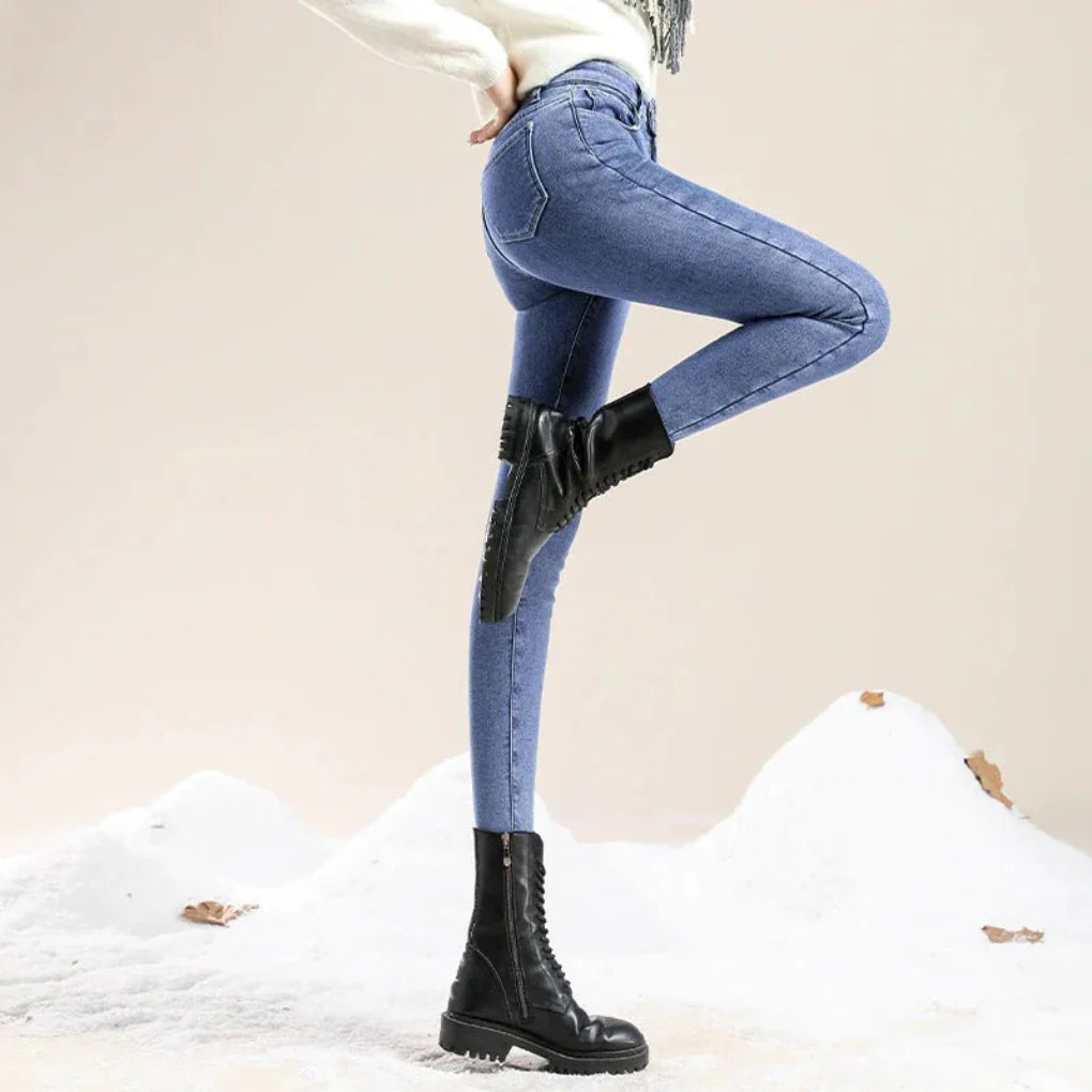 Winterjeans met hoge taille voor dames, gevoerd voor koude dagen